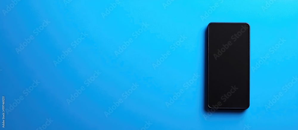 Poster sleek black smartphone mockup on vibrant blue surface with blank copyspace for custom design and tex