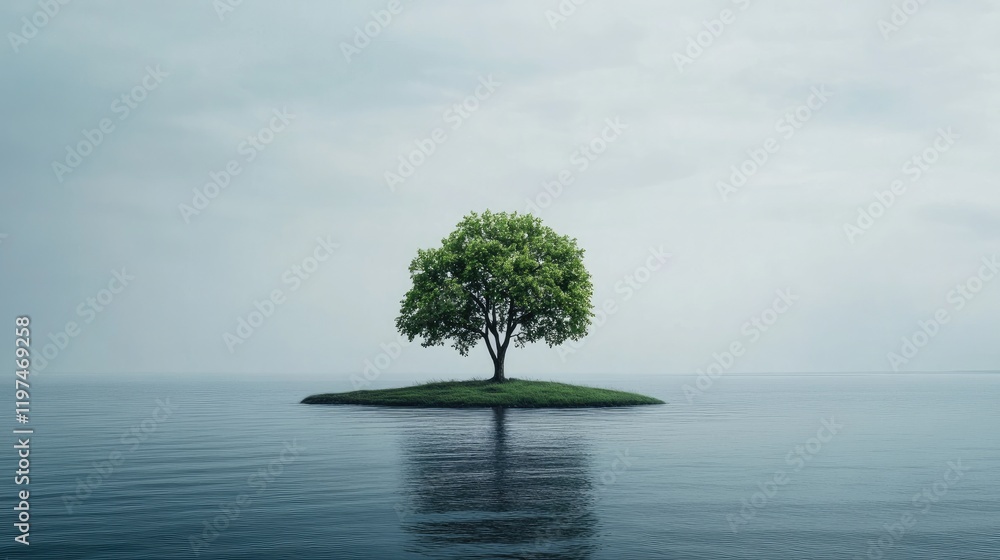 Aufkleber lone tree on a small island surrounded by calm water under an overcast sky with reflected tree and s