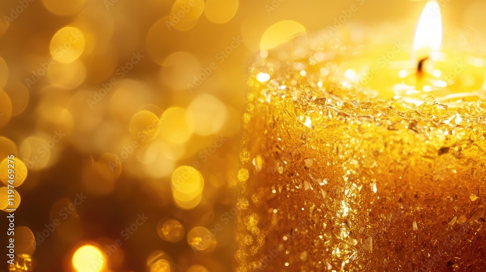 Aufkleber glowing golden candle with sparkling texture surrounded by blurred golden bokeh lights creating a wa