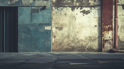 Urban grunge wall with peeling paint and rusted metal accents in an industrial setting featuring Copy Space for text placement