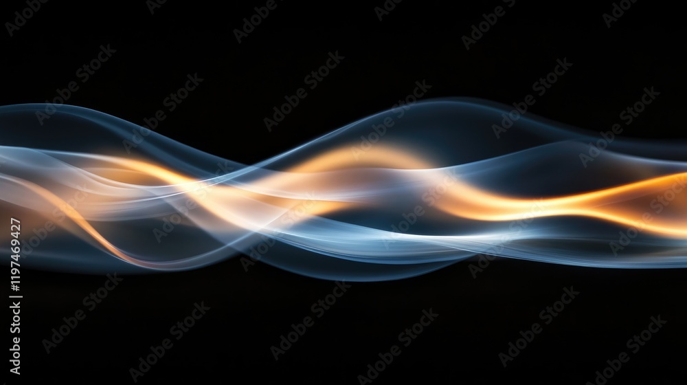 Poster abstract flowing lights in waves of blue and orange against a black background with copy space for t
