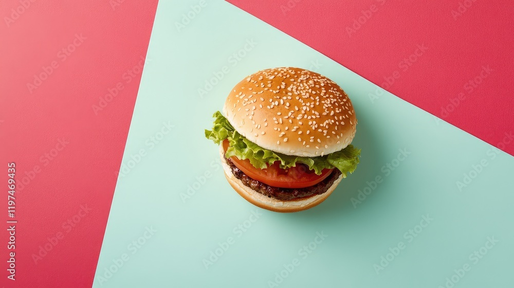 Poster delicious hamburger with lettuce and tomato on colorful geometric background with copy space