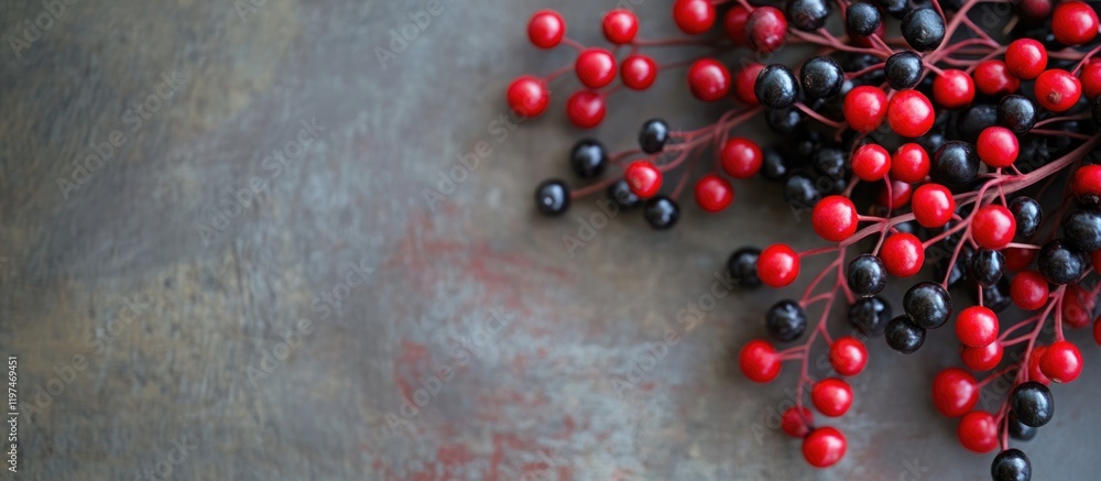 Poster red and black berries arrangement on a textured background with ample copy space for text placement 