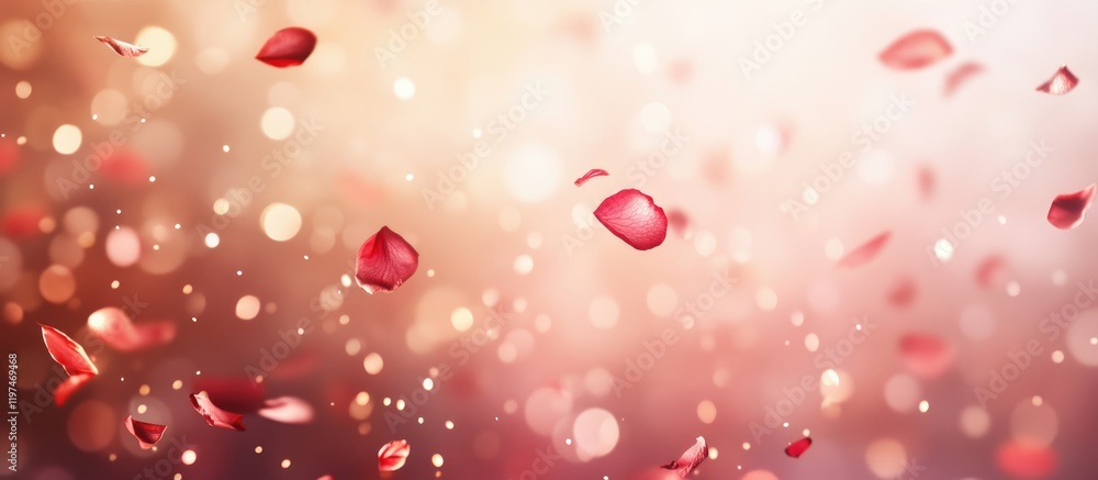 Poster falling rose petals on a blurred background with bokeh effect featuring warm tones and soft light co