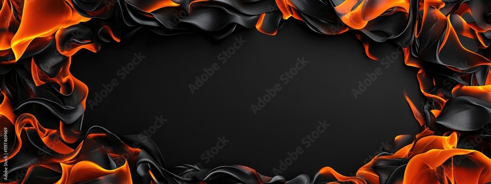 Poster black background framed by dynamic orange and black flames with ample copy space for text placement.