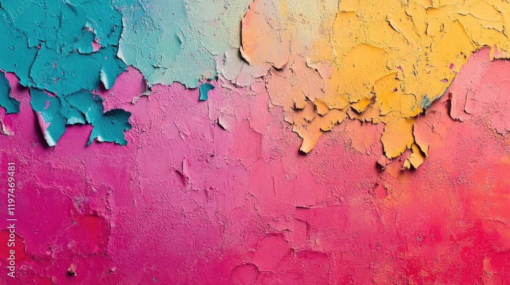 Poster colorful peeling paint texture with a gradient from turquoise to yellow and pink with cracks and rou
