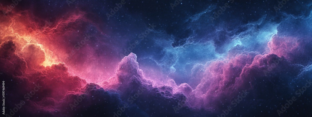 Poster colorful nebula in deep space with vibrant clouds of purple and blue and dark background suitable fo