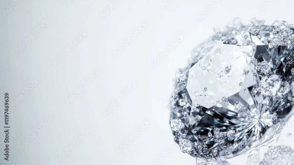 Poster close-up of a large diamond with brilliant facets and sparkling clarity on a soft white background w