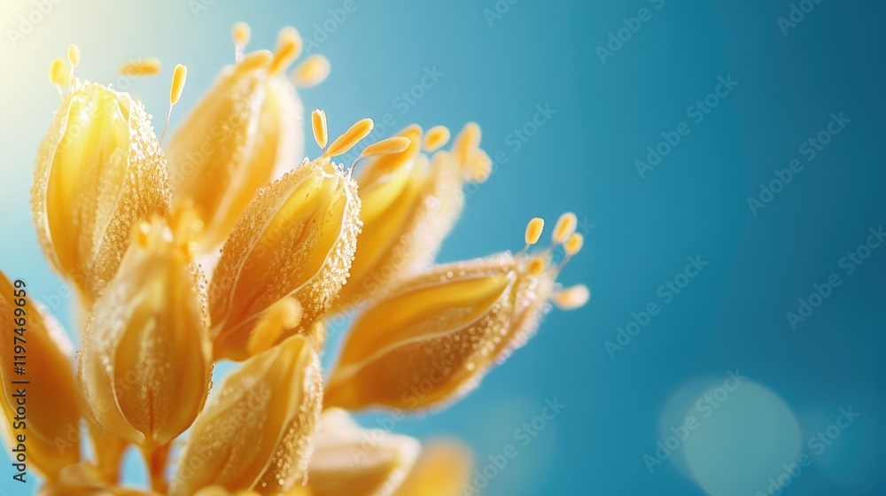 Poster close-up of yellow flower buds with dew drops on petals against a blue background with bokeh and cop