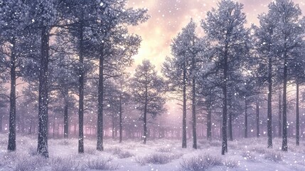 Fototapeta premium Winter Wonderland Snow-Covered Pine Forest at Sunset