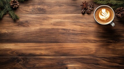 Warm coffee cup with latte art surrounded by pinecones and coffee beans on wooden table with ample copy space for text.