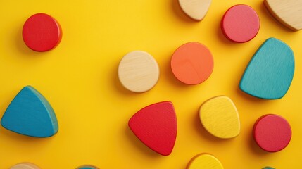 Colorful wooden geometric shapes on a vibrant yellow background with copy space for text.
