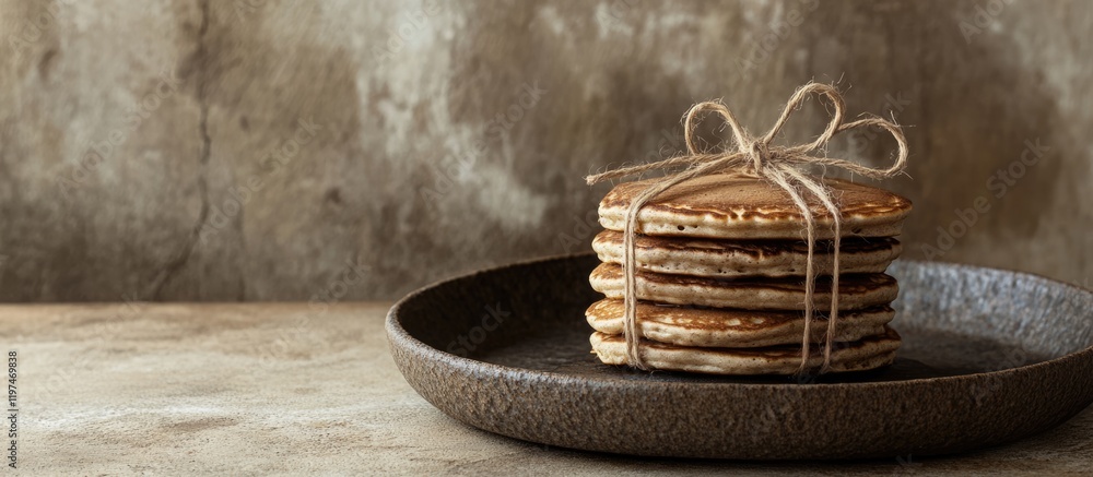 Poster stack of artisanal pancakes tied with twine on a rustic black plate against a textured background wi