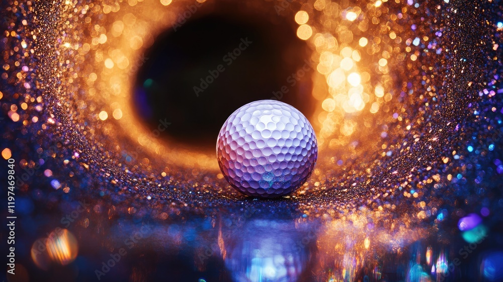 Poster golf ball surrounded by sparkling bokeh lights in a colorful tunnel with copy space for text or bran
