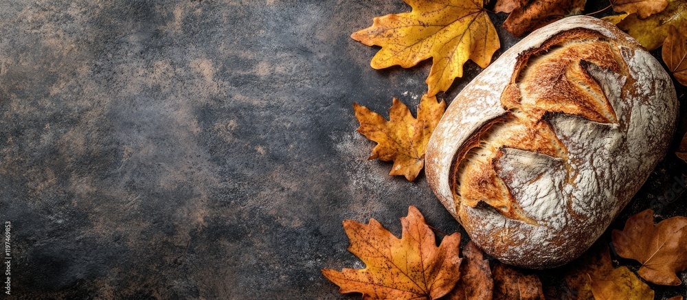 Poster freshly baked artisan bread surrounded by autumn leaves with textured background and ample copy spac