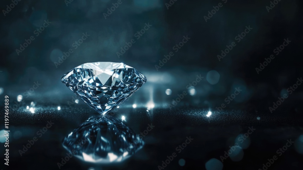 Poster sparkling diamond on dark reflective surface with bokeh lights and copy space for text
