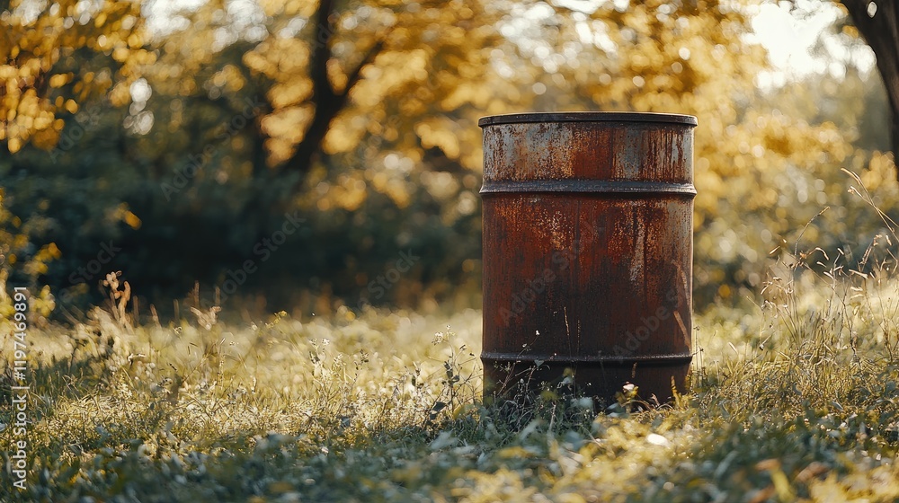 Poster rusty metal barrel in an overgrown grassy field with autumn trees in soft focus background and warm 