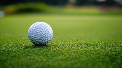Obraz premium Close-up of a golf ball on a green putting surface with blurred background and ample Copy Space for text placement.