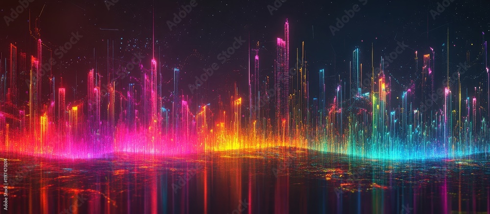 Aufkleber abstract digital art depiction of colorful sound waves with vibrant vertical lines in a dark backgro