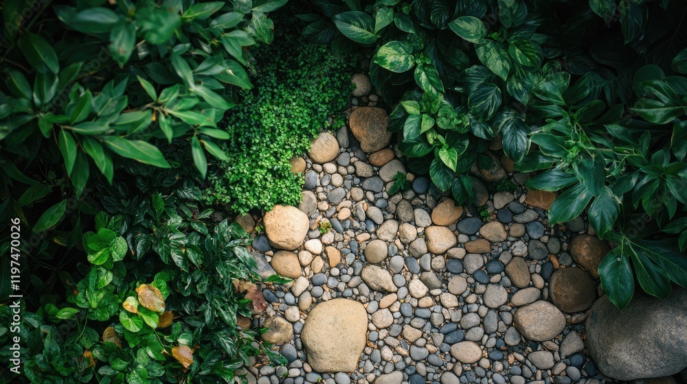 Poster lush green foliage surrounding smooth pebbles on a garden pathway with ample copy space for text pla