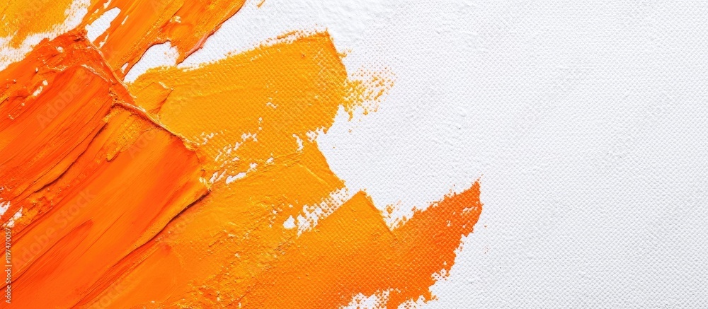 Poster orange abstract painting strokes on white canvas with ample copy space for text placement