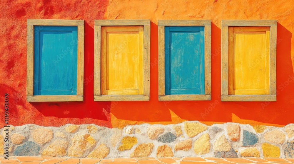 Poster colorful wall with four empty framed windows in vibrant orange and stone textures with copy space fo