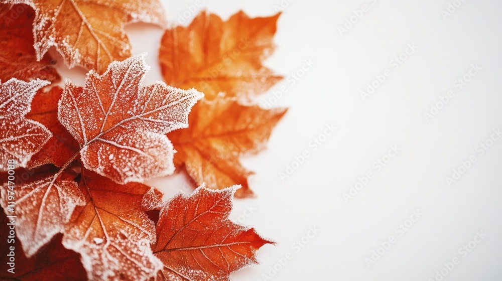 Poster vibrant autumn maple leaves coated in frost on a white background with ample copy space for text or 