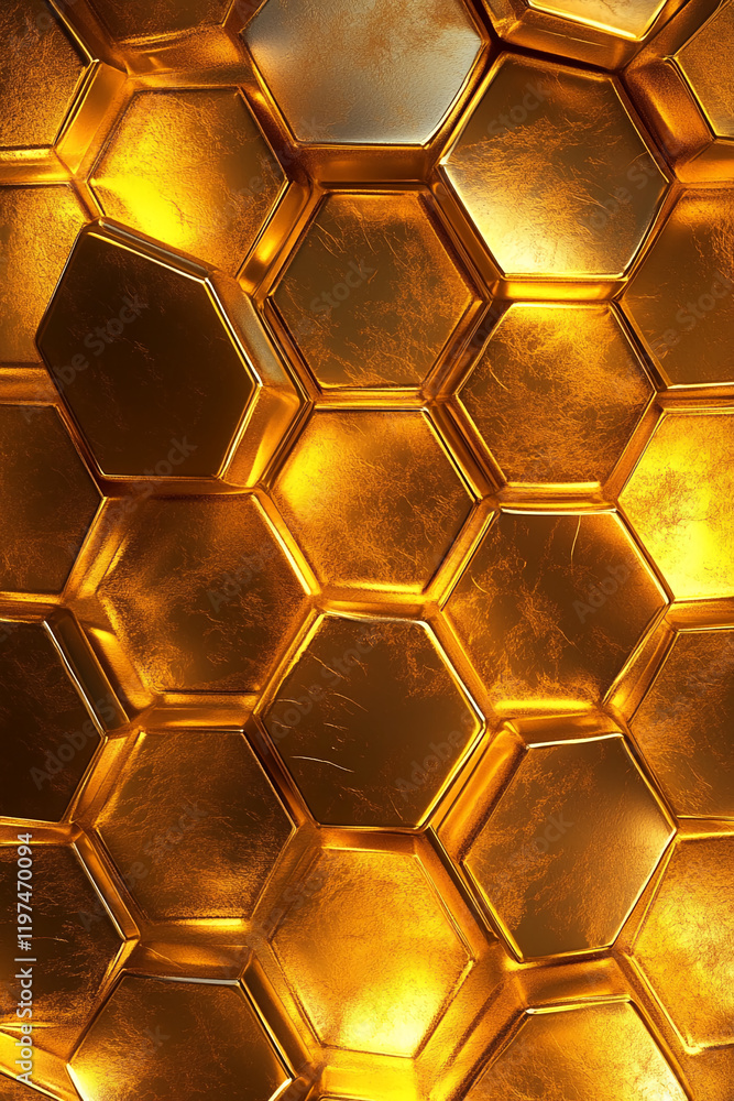 Poster Golden honeycomb texture with hexagonal pattern and metallic shine