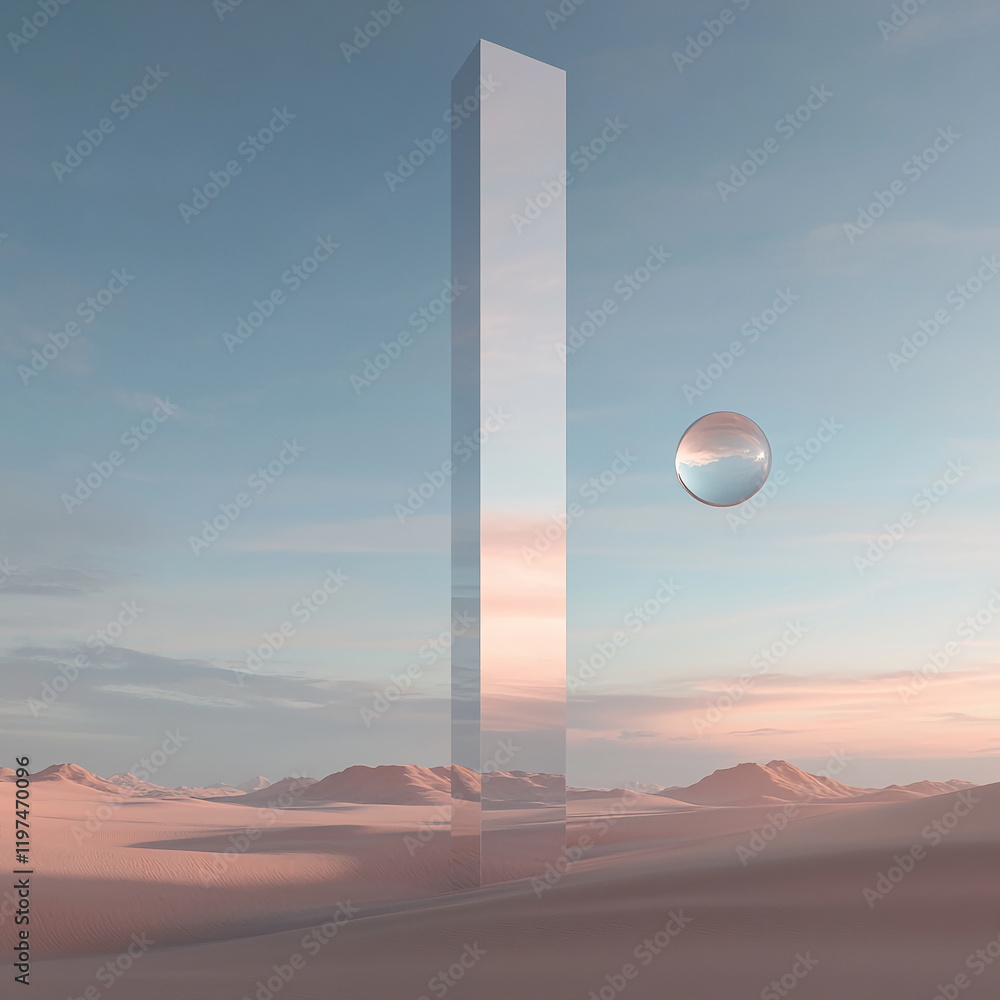 Poster minimalist desert scene with floating sphere and tall reflective structure
