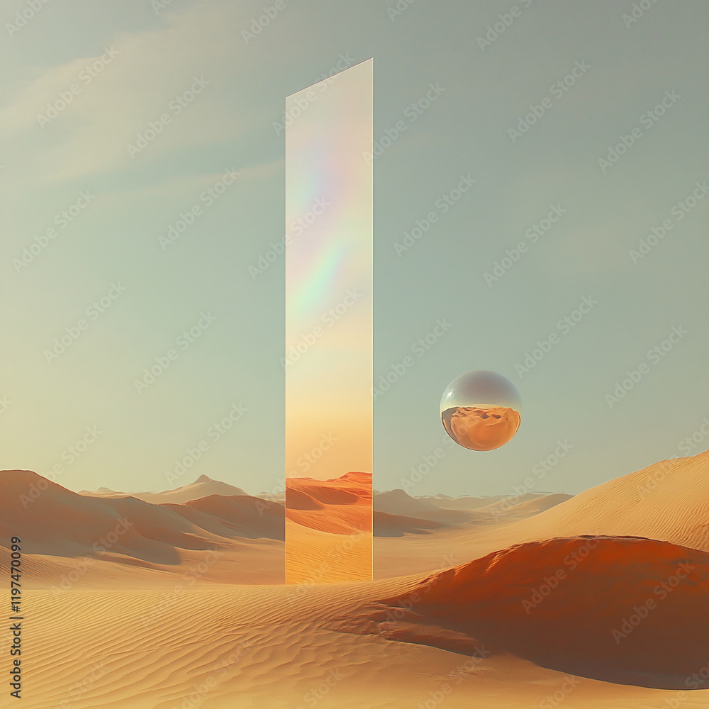 Poster Surreal desert landscape with floating sphere and mirrored structure