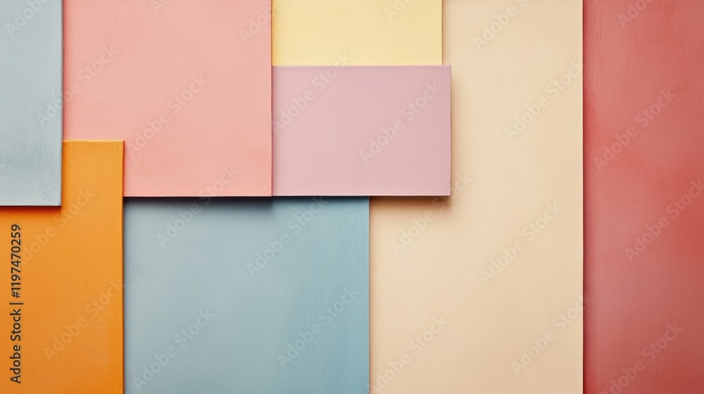 Poster colorful geometric abstract background with various textured panels in pastel shades and copy space 