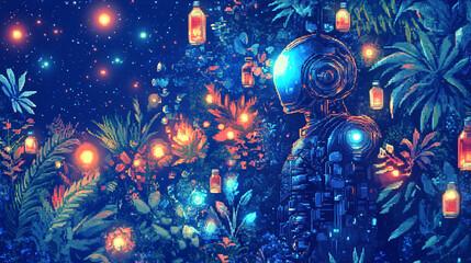 Futuristic robot in a pixelated garden under a starry night sky