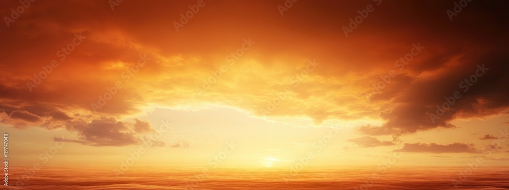 Aufkleber sunset with dramatic clouds over the ocean creating a warm orange and yellow gradient sky with copy 