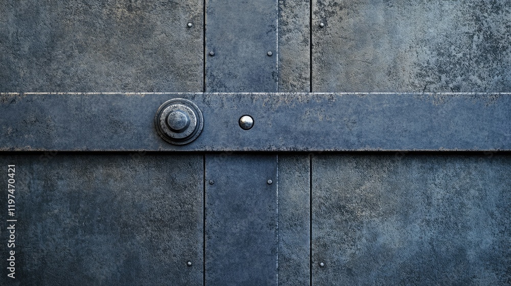 Poster rustic metal door with weathered texture featuring a round knob and a central crossbar, set against 
