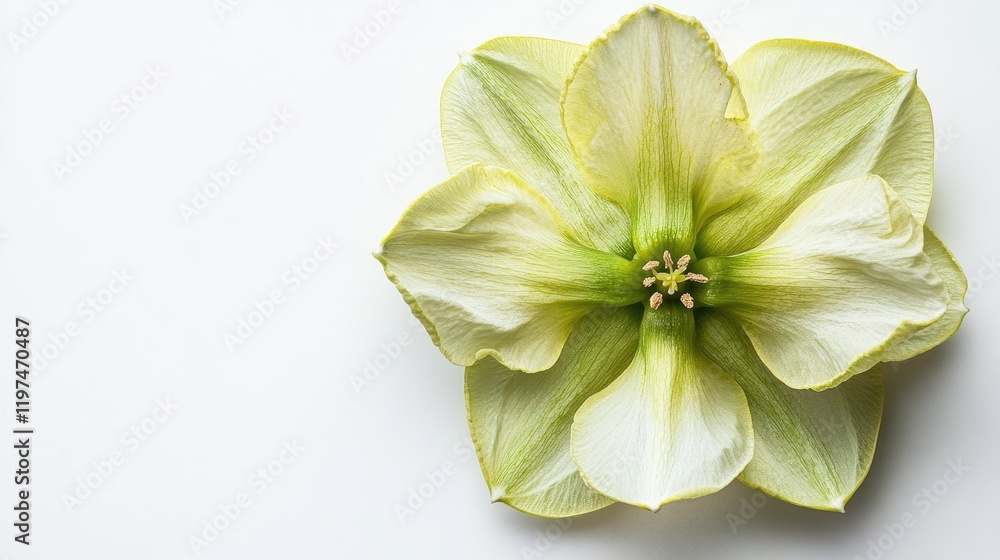 Poster delicate green and white flower on a plain background with ample copy space for text or design eleme