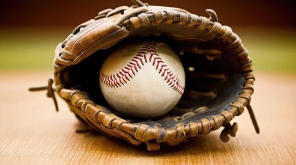 Baseball glove with a baseball resting inside on a wooden surface with blurred background and ample Copy Space for text placement.