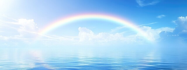Vibrant rainbow arching over tranquil sea with clear blue sky and fluffy clouds reflection on water surface Copy Space