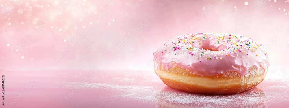 Poster glazed donut with pink icing and colorful sprinkles on a reflective surface with soft pink backgroun