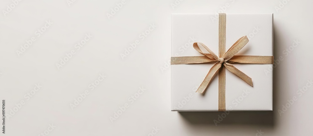 Poster white gift box with beige ribbon on a light background with ample copy space for text or design elem