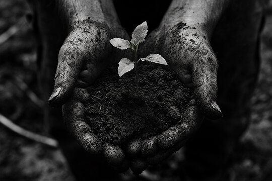 Hands holding rich soil with a small sprouting plant in natural light
