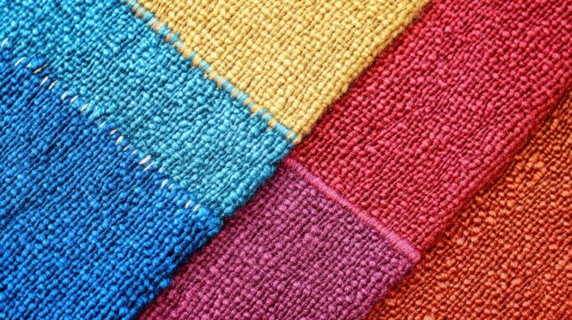 Colorful woven textile texture with vibrant hues of blue, yellow, red, and purple suitable for backgrounds with Copy Space for text.