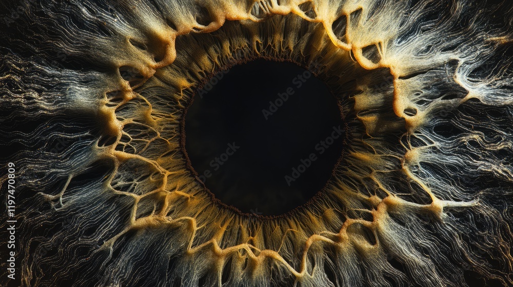 Poster close-up view of human eye iris with intricate details and textures featuring a dark pupil and radia