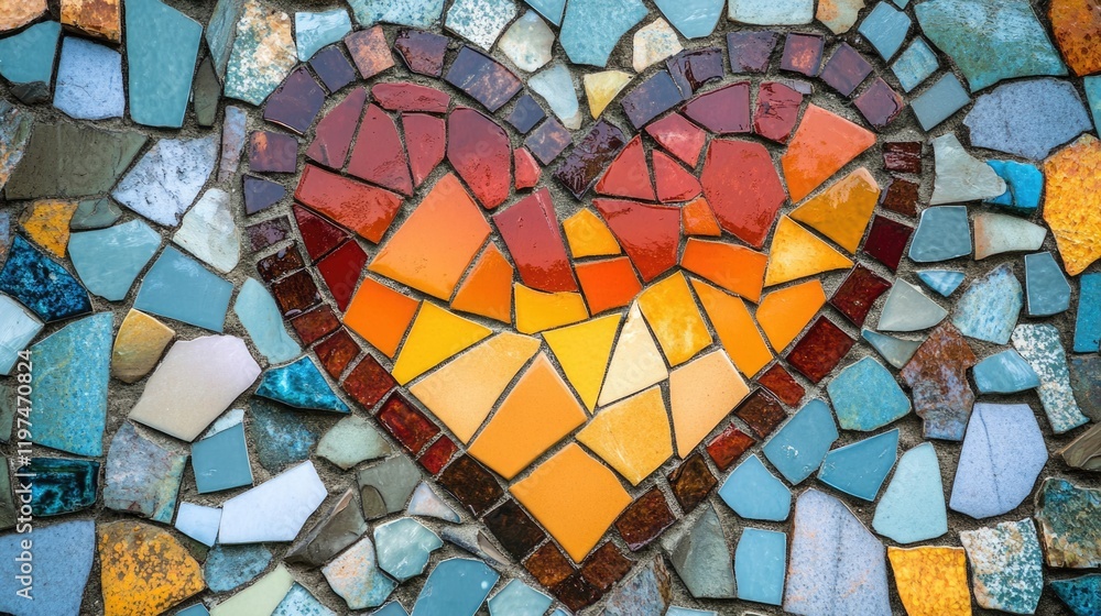 Aufkleber Mosaic heart design made with colorful tiles on a textured surface with Copy Space for text placement.