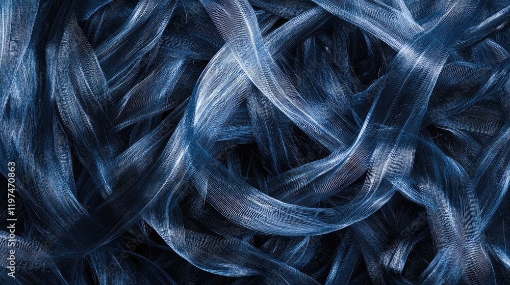 Poster abstract close-up of dark blue wavy strands of hair or fibers with soft textures and gradients suita
