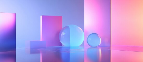 Abstract composition of geometric shapes in pastel colors with reflections on a surface and soft lighting Copy Space