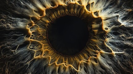 Close-up view of human eye iris with intricate details and textures featuring a dark pupil and radial patterns Copy Space
