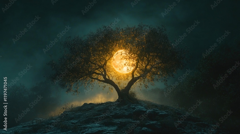 Poster lonely tree on hill illuminated by full moon with dark misty background and glowing lights creating 