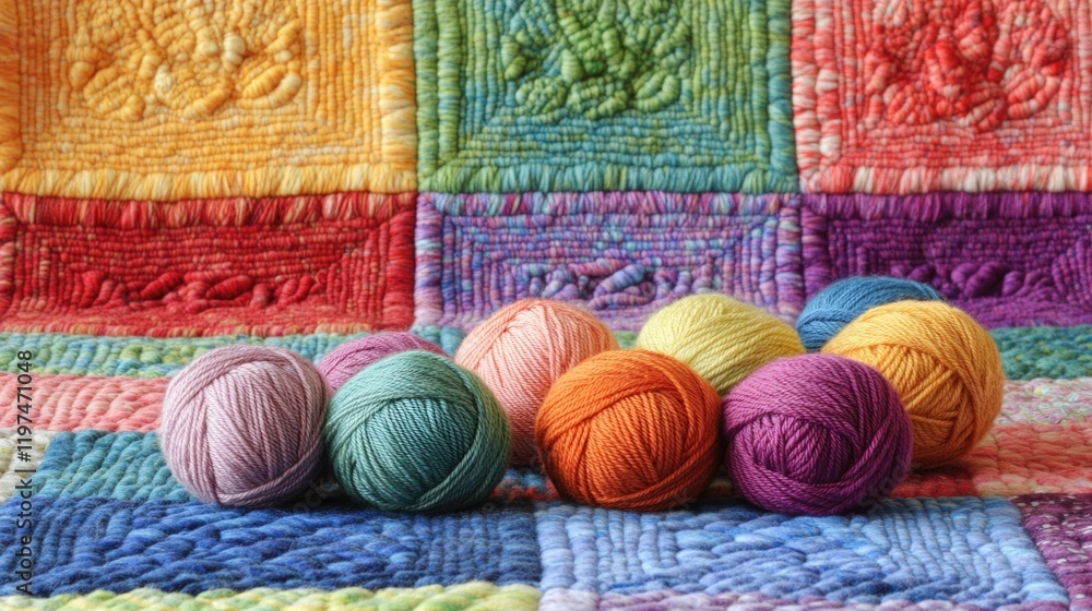 Poster colorful yarn balls arranged in a row on a vibrant quilt background with textured patterns and vario