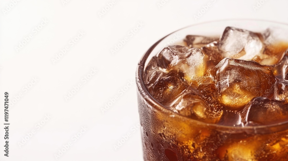 Poster close-up of cold fizzy drink with ice in a glass on a light background with copy space for branding 
