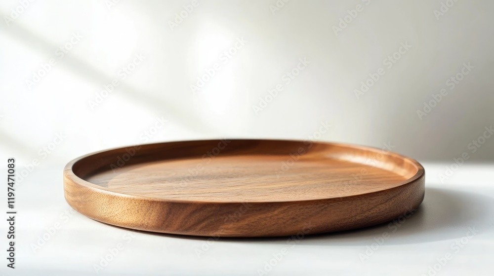 Poster round wooden serving tray on a light surface with soft shadows and copy space for text placement.